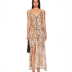 Bec & Bridge Sheer Snake-Print Slip Dress in Beige and Black Trim
